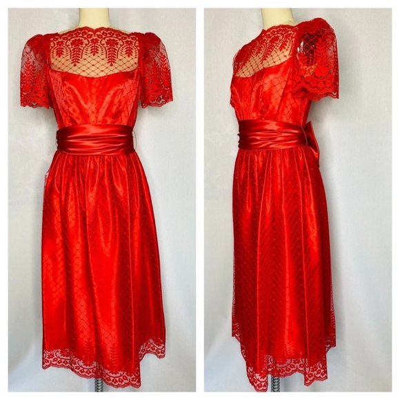 Vintage Dresses & Skirts - Vintage 60s 70s Holiday Red Cocktail Party Tea Dress Size Small Lace Formal VLV